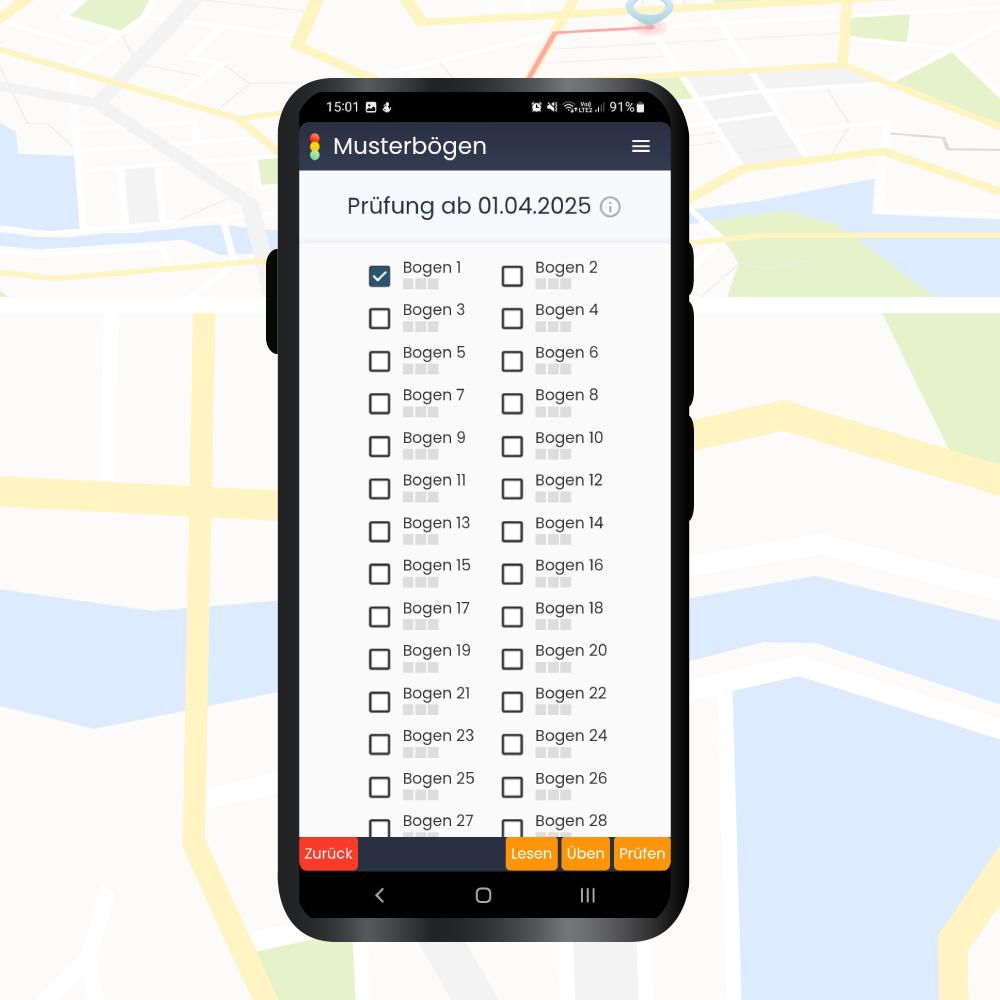 Fahrschule App Guide: Musterbögen Modus