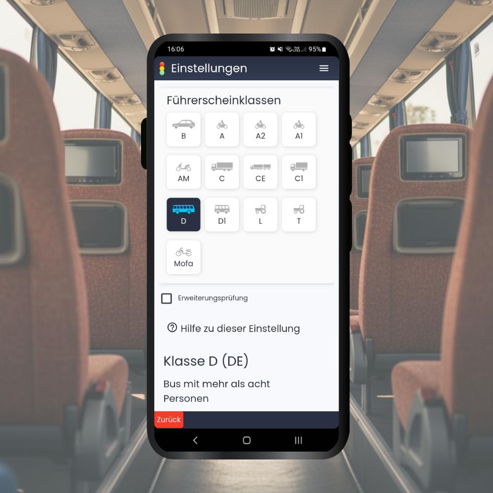Führerschein für Bus App Klasse auswählen - D, D1, DE oder D1E