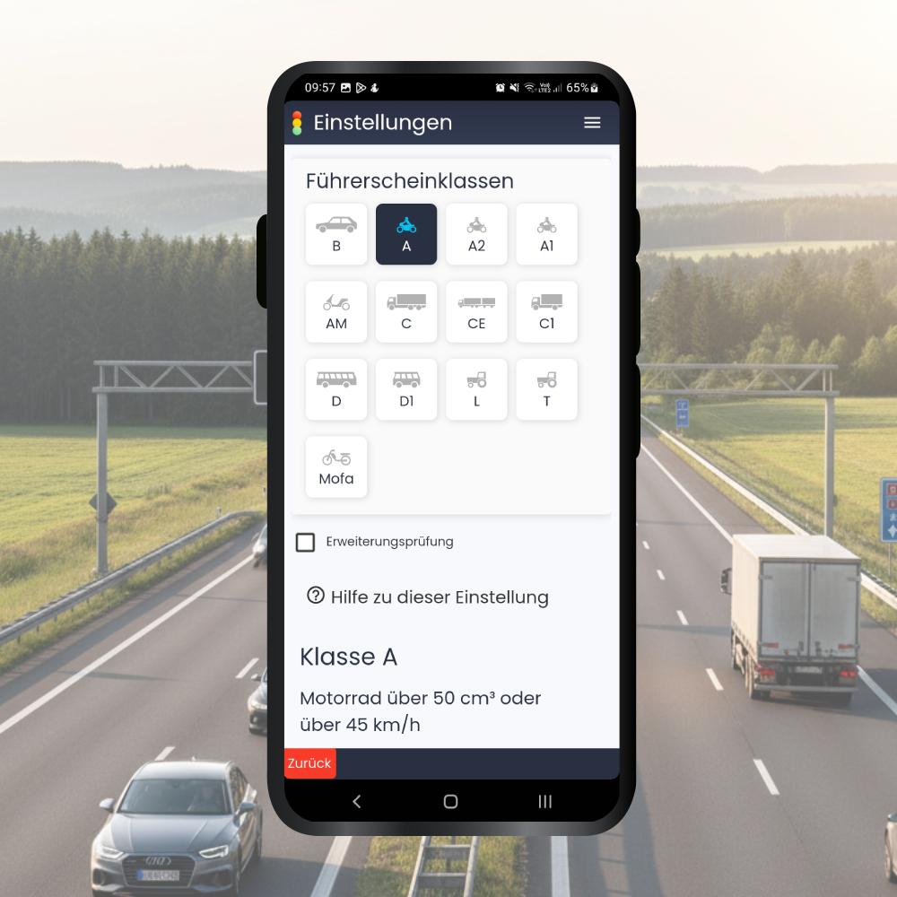 Motorrad-Führerschein-Fragen App Klassen A, A1, A2