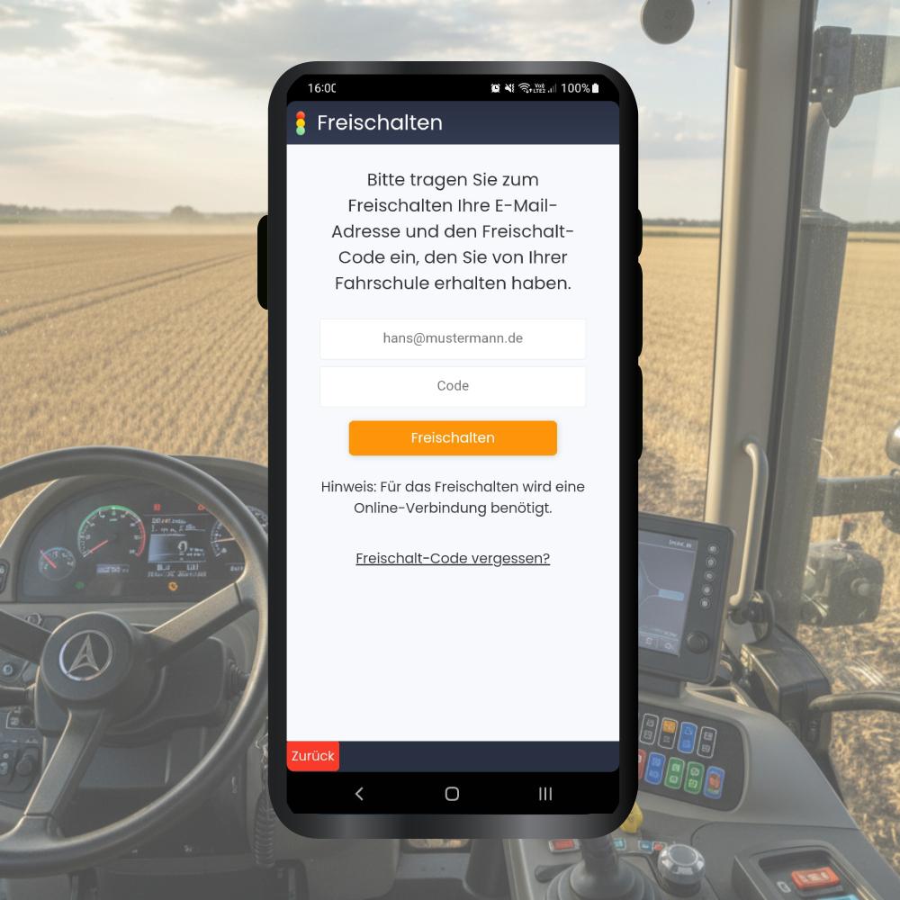 Traktor-Führerschein App - Daten anmelden