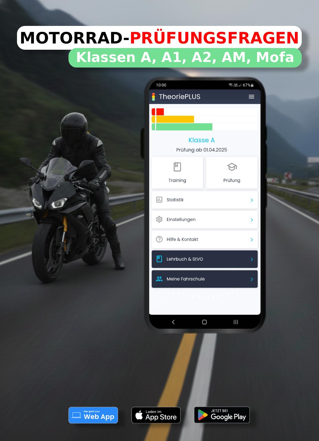 Motorrad-Führerschein-Fragen App Klassen A, A1, A2