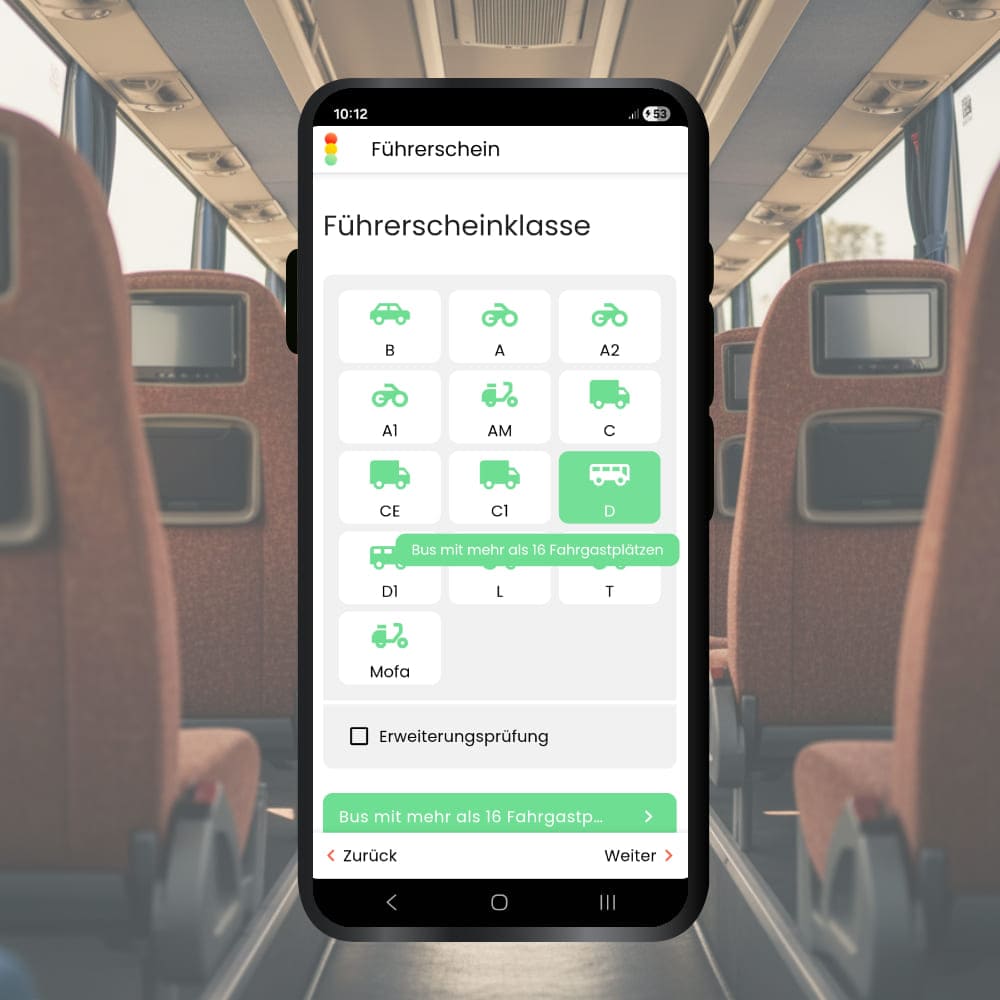 Führerschein für Bus App Klasse auswählen - D, D1, DE oder D1E