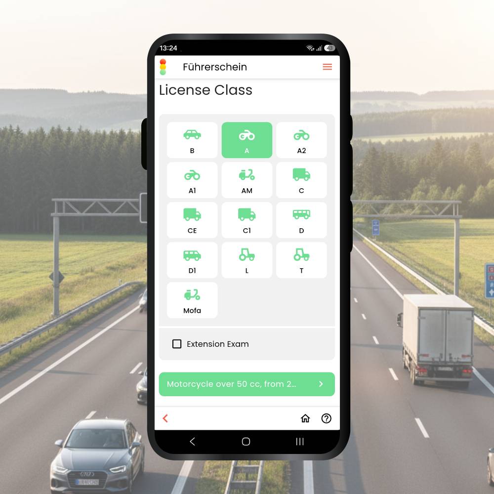 Motorcycle theory test Germany app class selection