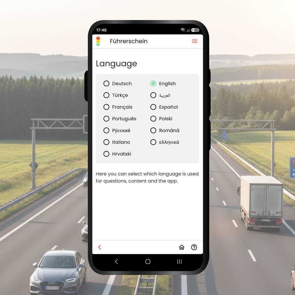 Motorcycle theory test Germany app language selection