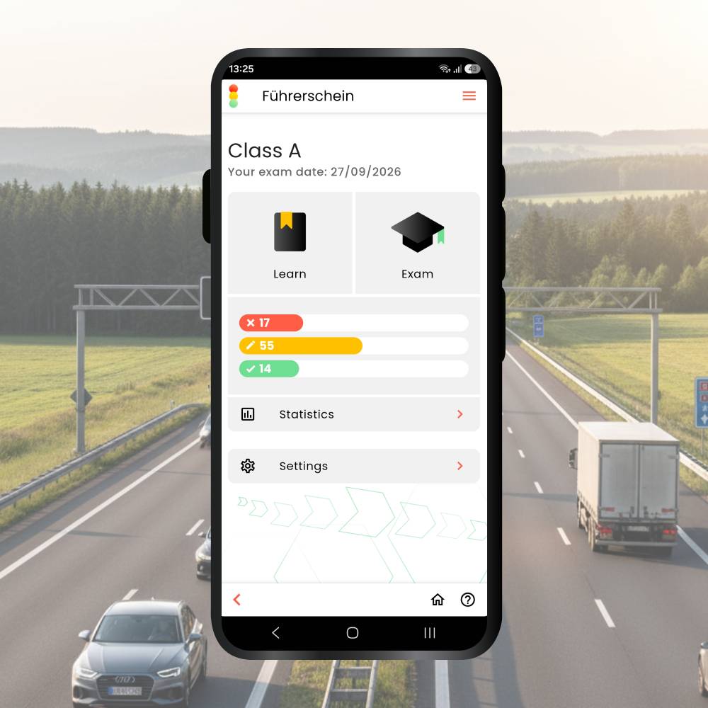 Motorcycle theory test Germany app menu