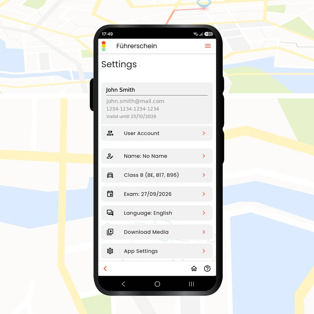 Theory test driving Germany app - general settings