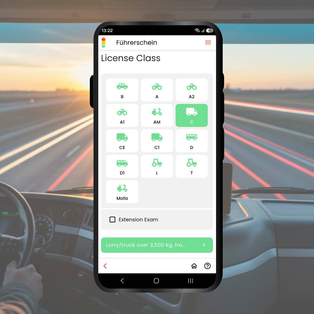 Truck driving license Germany App class selection