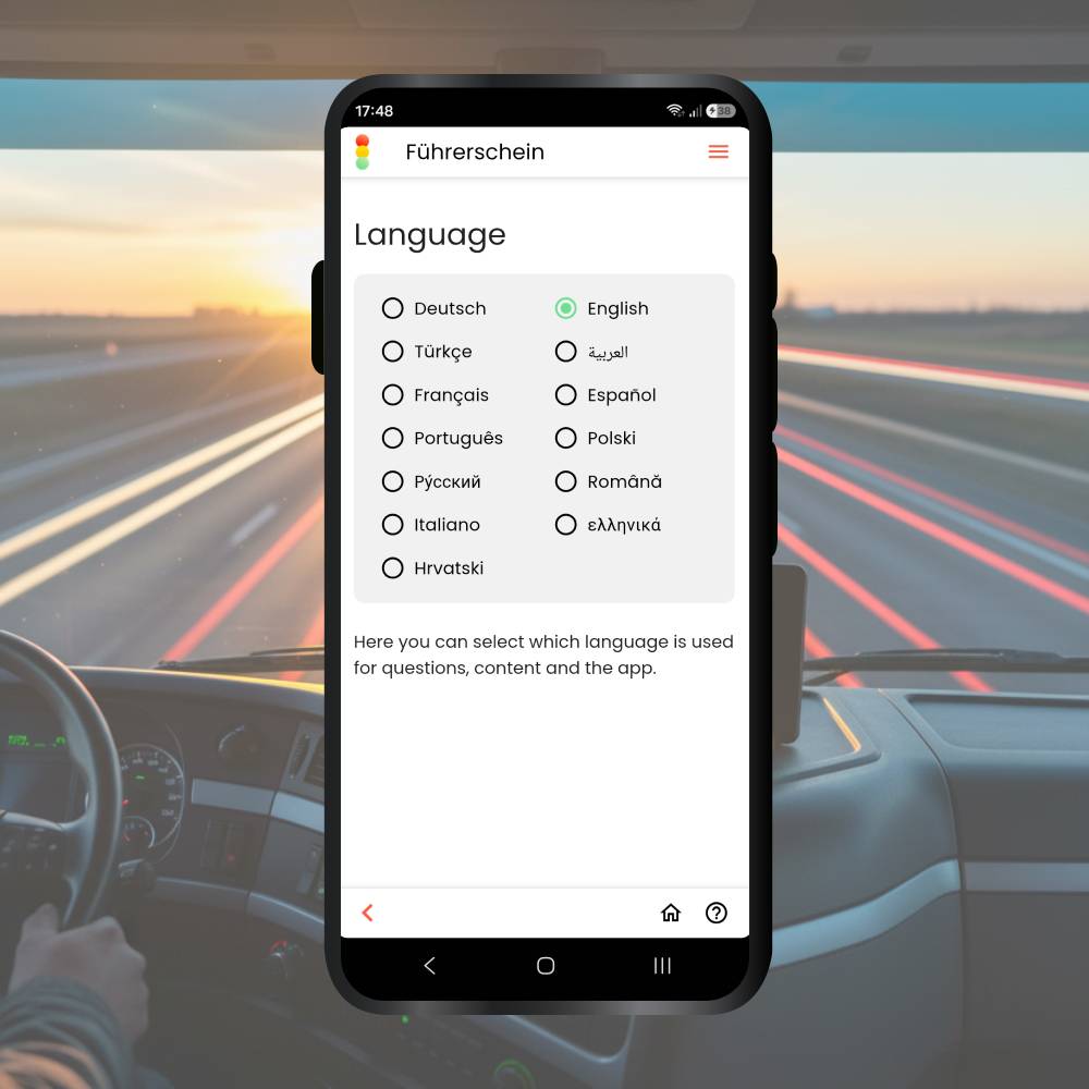 Truck driving license Germany App language selection