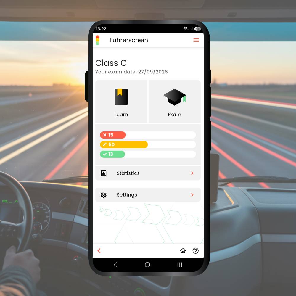 Truck driving license Germany App menu